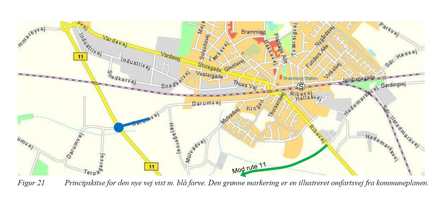 Figur 21 Principskitse for den nye vej vist m. blå farve. Den grønne markering er en illustreret omfartsvej fra kommuneplanen.